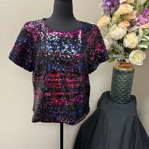 Sanctuary Sequin Top M Black Pink Blue Sparkle Party Holiday Short Sleeve Blouse